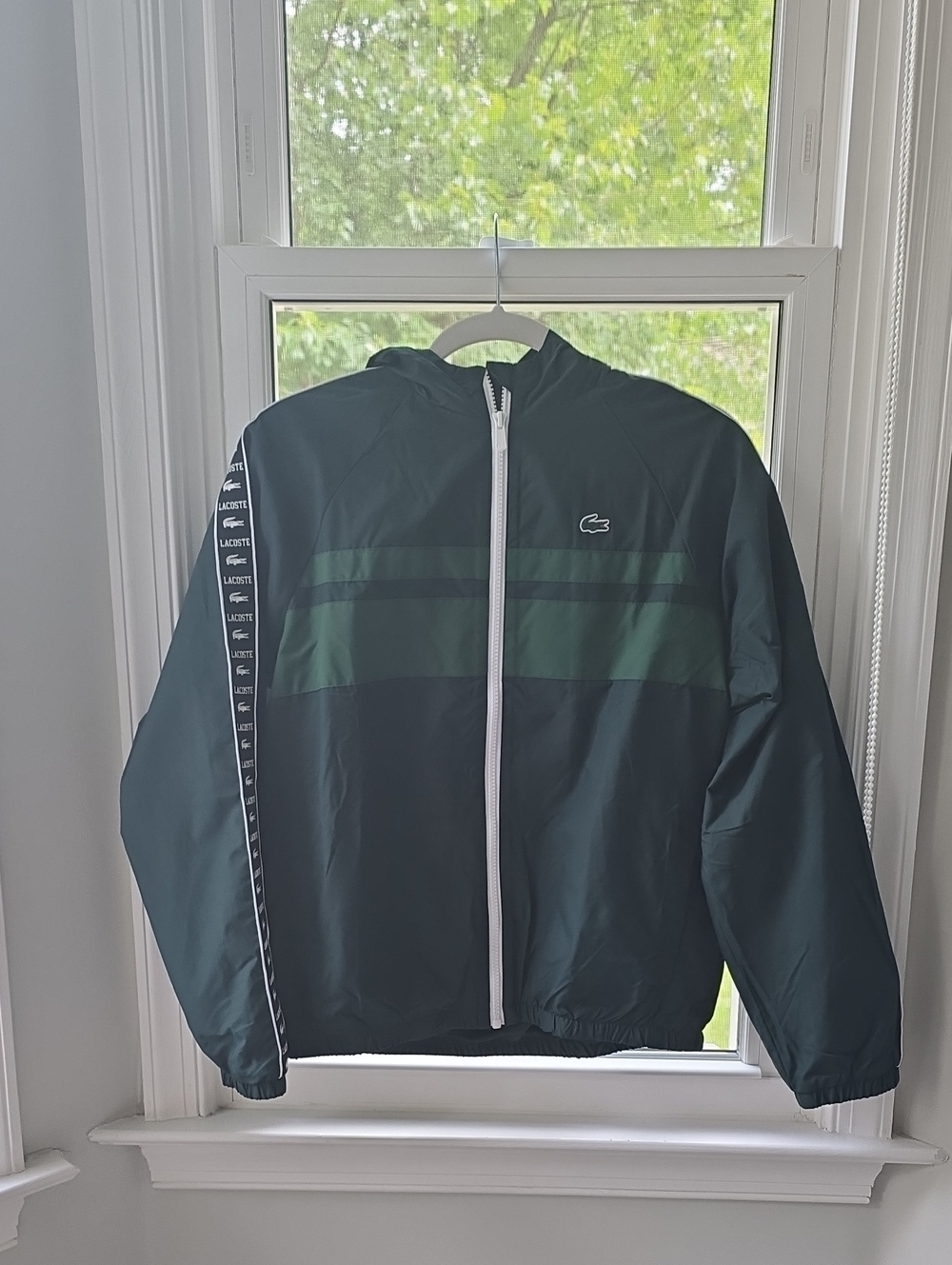 Lacoste Boys Green & Black Hooded Zip Windbreaker Nwot